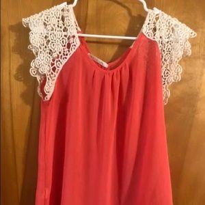 Coral sheer tank with lace sleeves